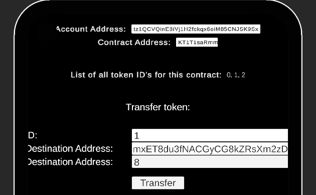 The Transfer scene, showing information about the token to transfer